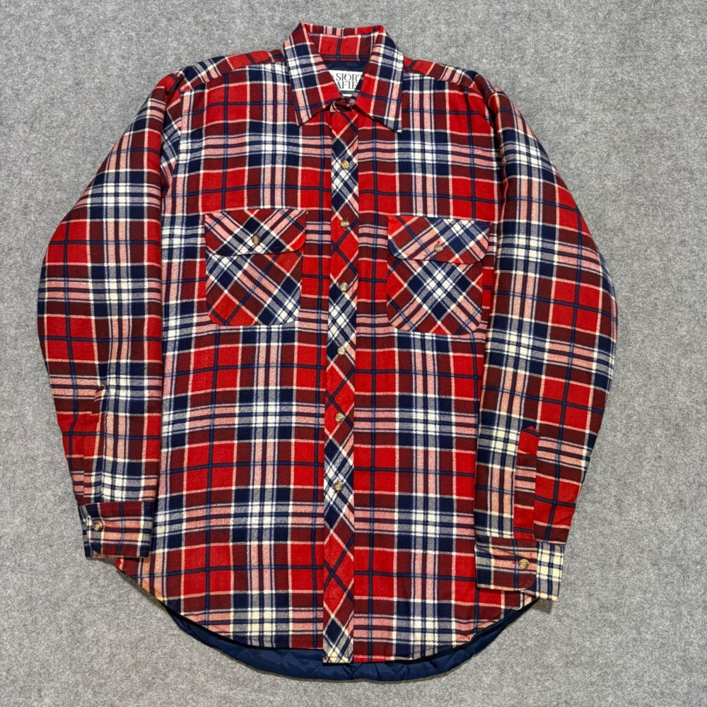 Sports Afield Mens Quilted Flannel Shirt Jacket Red Blue Plaid Size M Lined